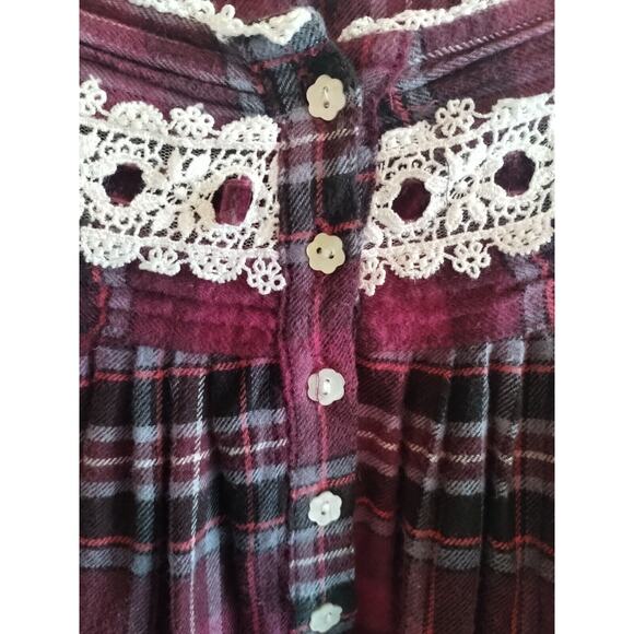Eileen West Dark Pink Plaid 3/4 Sleeve Lace Ruffle Pockets Flannel Nightgown S - Picture 10 of 16